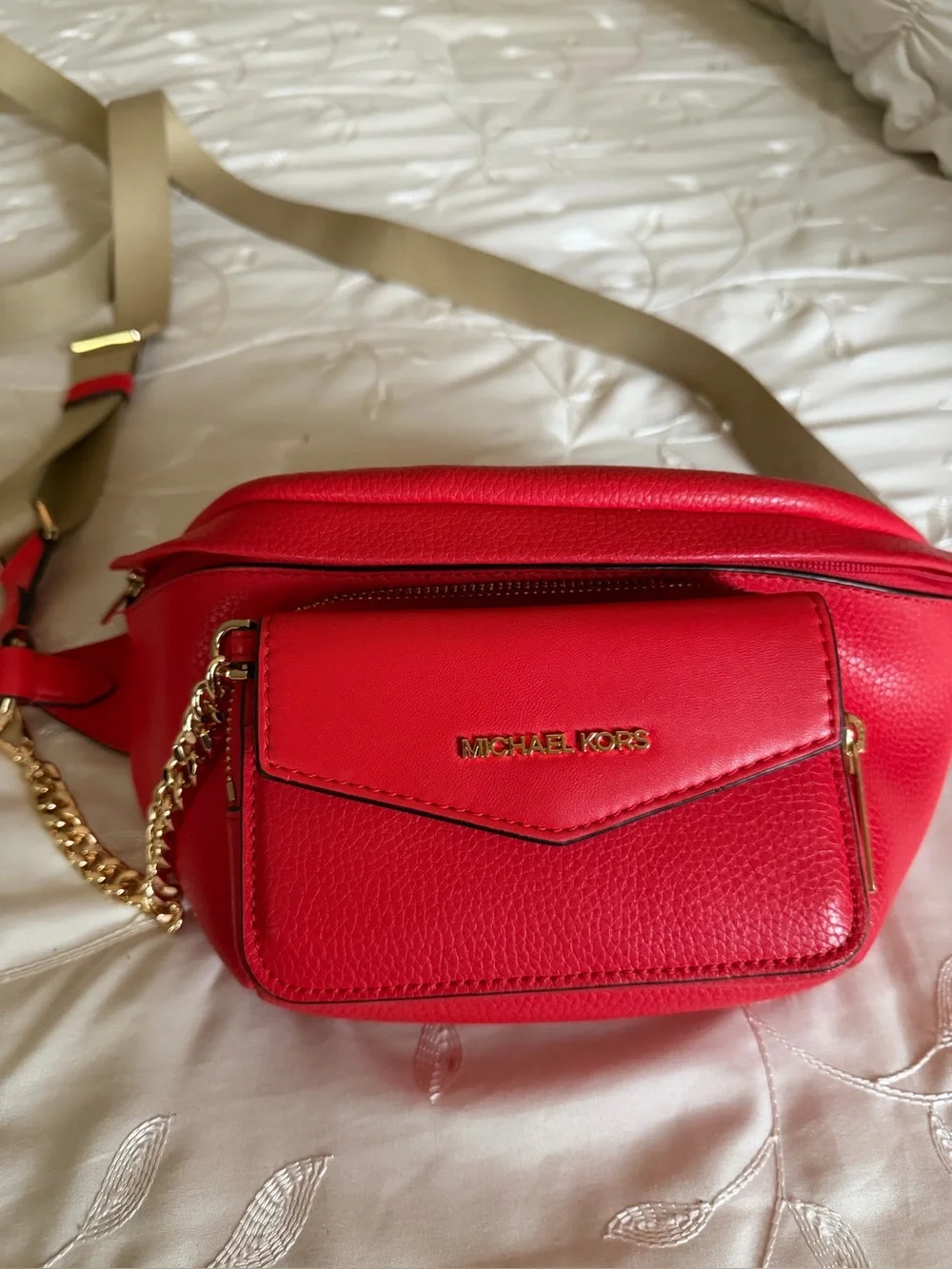 Michael Kors Red Leather Crossbody Bag with Gold Accent